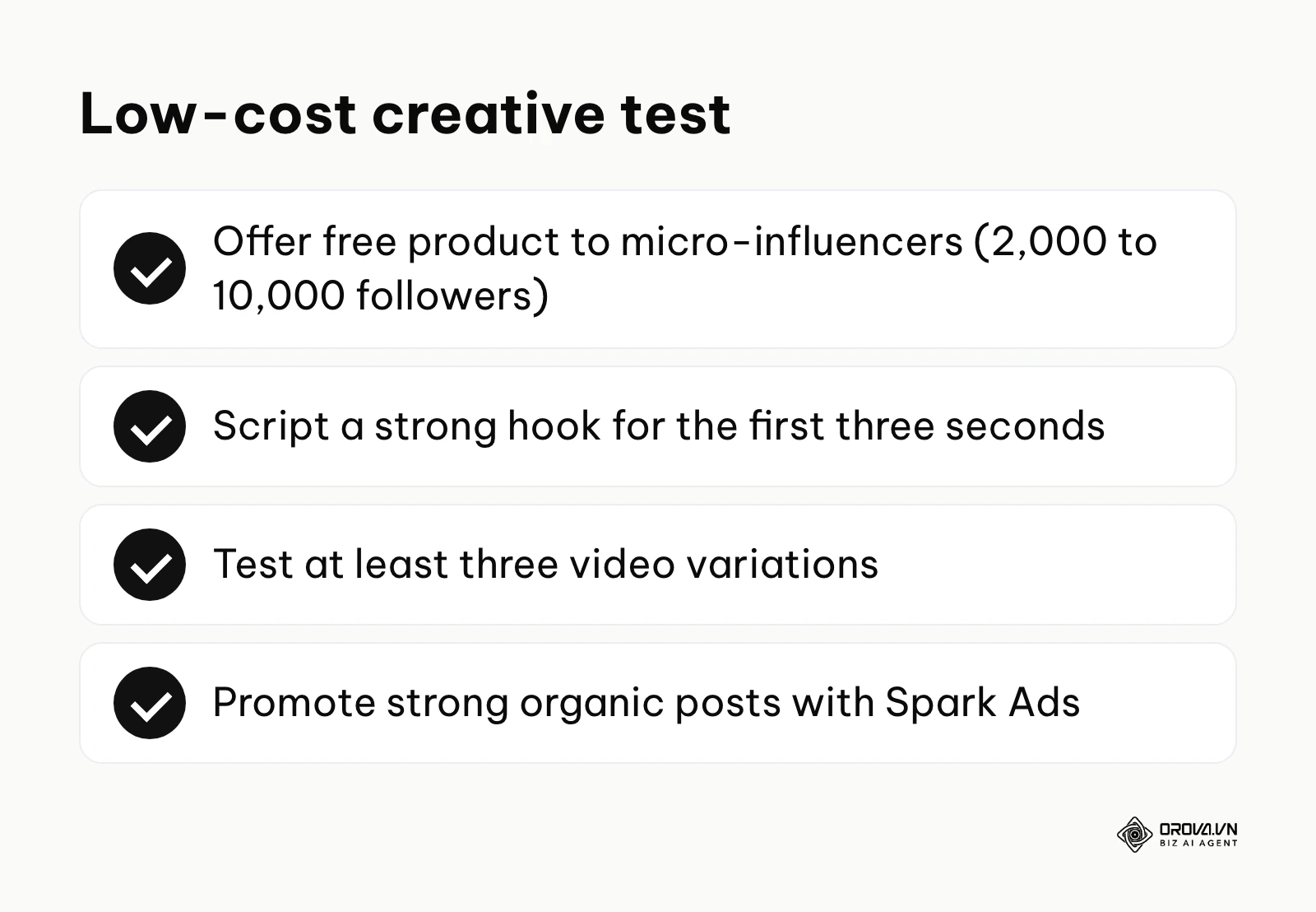Checklist for sourcing and testing TikTok ad creatives on a 500 dollars budget.