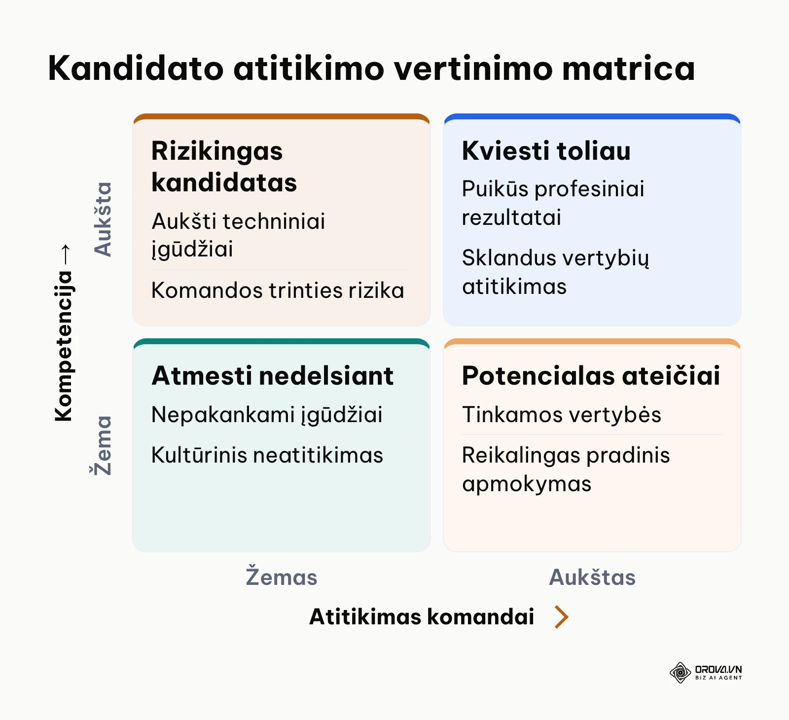 2x2 matrica: kandidato profesinė kompetencija lyginama su kultūriniu atitikimu