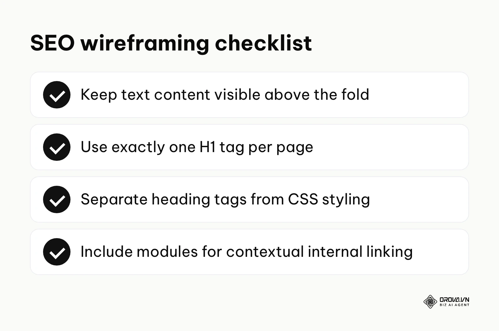 A checklist for SEO-friendly wireframing including text visibility, correct H1 usage, and internal linking sections