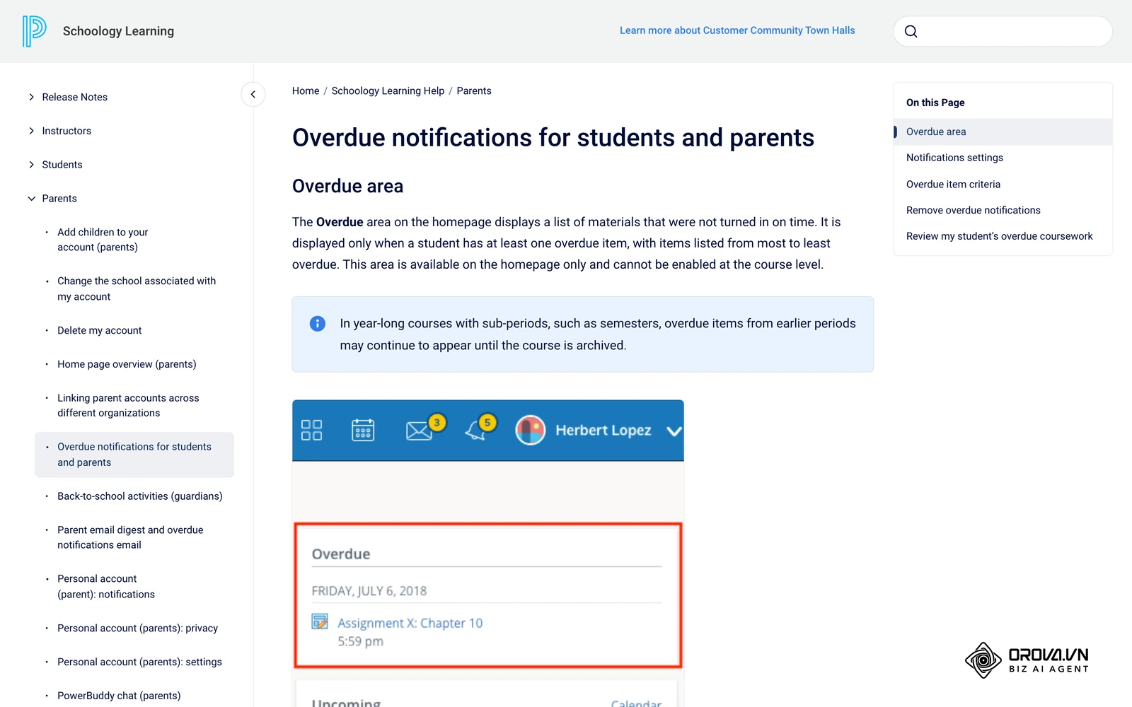 The Overdue area on a Schoology home page, listing an assignment that was not turned in, from the official PowerSchool Schoology help documentation.