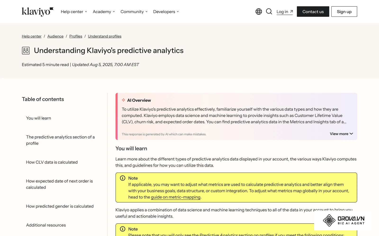 Klaviyo Help Center page on predictive analytics, an example of predicted customer value inside a marketing tool.
