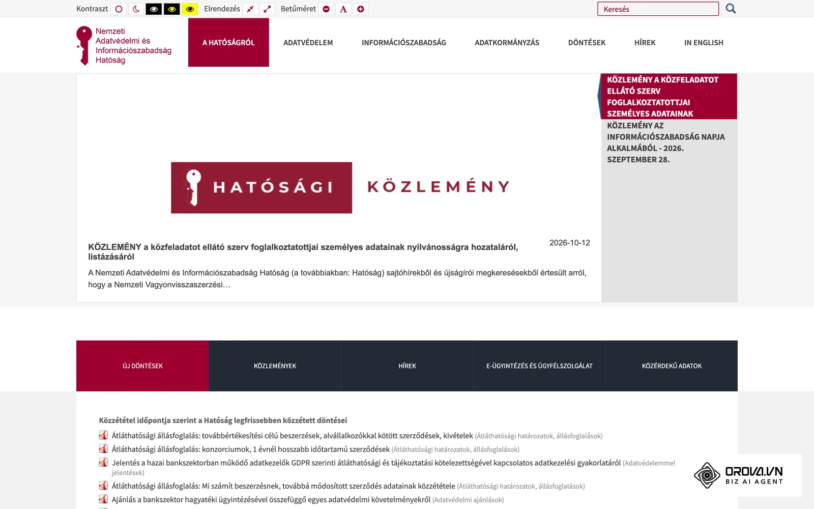A Nemzeti Adatvédelmi és Információszabadság Hatóság (NAIH) hivatalos oldala, ahol az adatvédelmi tájékoztatók és állásfoglalások érhetők el.