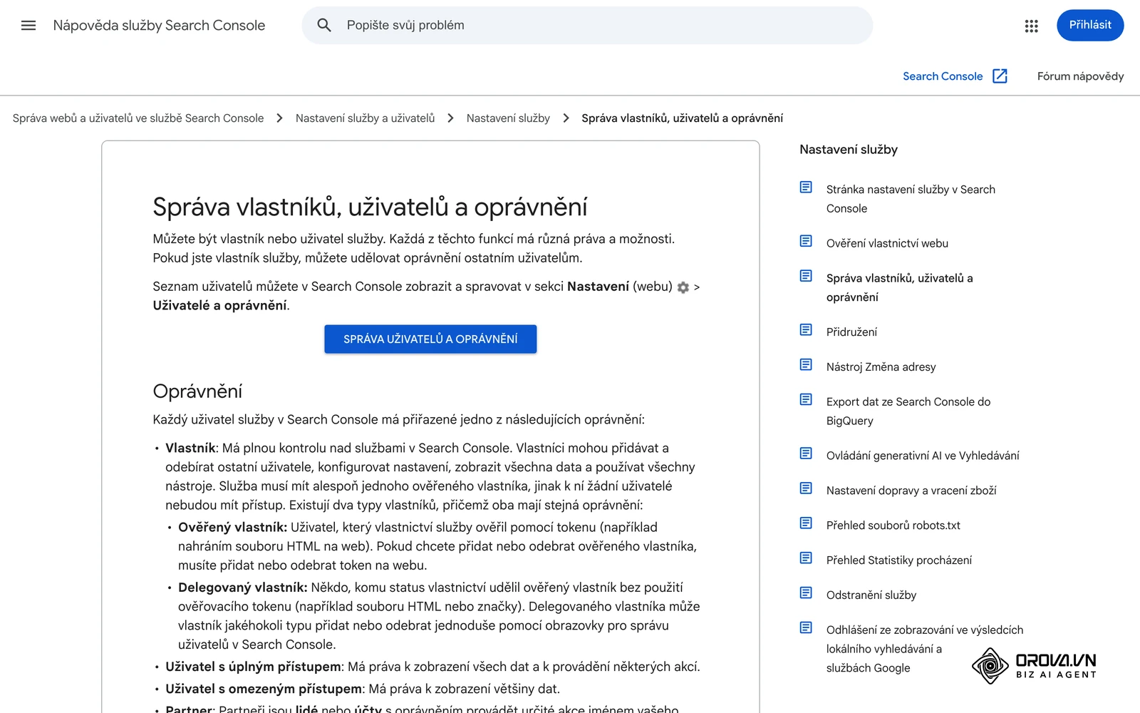 Nápověda Search Console: správa vlastníků, uživatelů a oprávnění (Nastavení › Uživatelé a oprávnění).