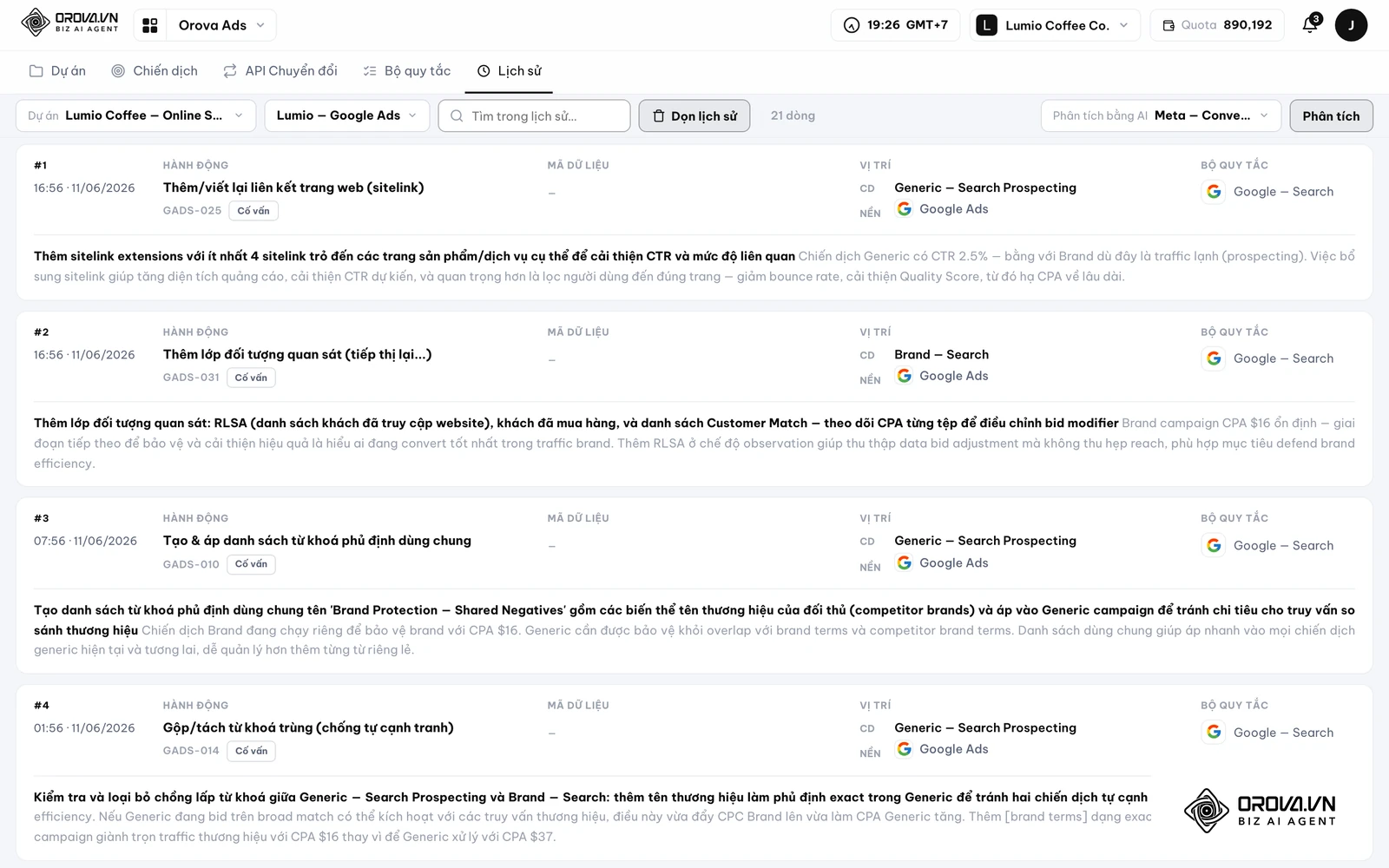 Đề xuất nào được đưa ra? Ai trong team là người bấm duyệt? Lệnh chạy thẳng vào lúc mấy giờ, phút, giây? Kết quả trả về từ nền tảng thành công hay thất bại?
