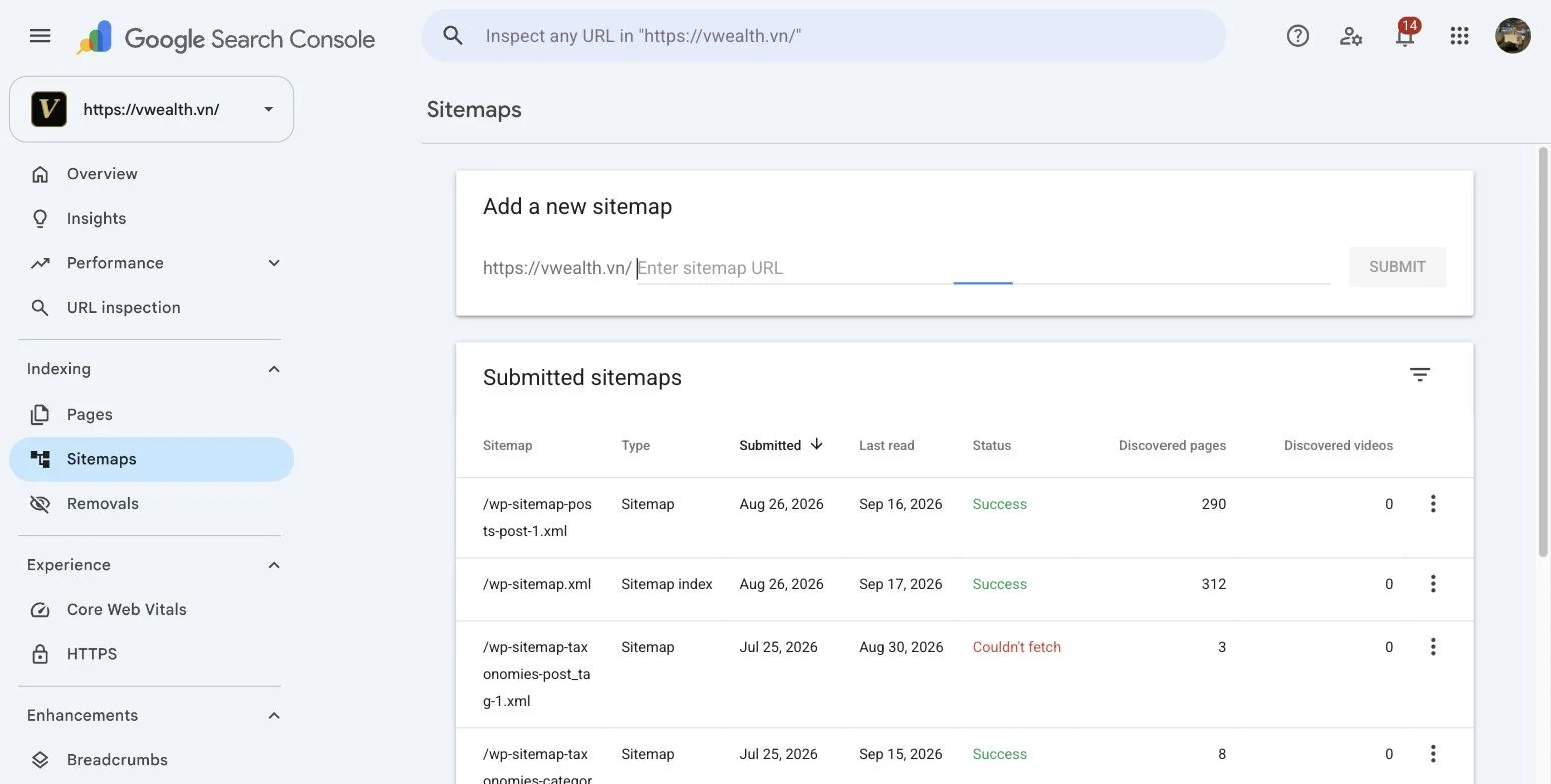 ទំព័រ Sitemaps ក្នុង Google Search Console នៃ vwealth.vn បង្ហាញប្រអប់ដាក់ស្នើ Sitemap និងបញ្ជី Sitemap ដែលបានដាក់ស្នើ