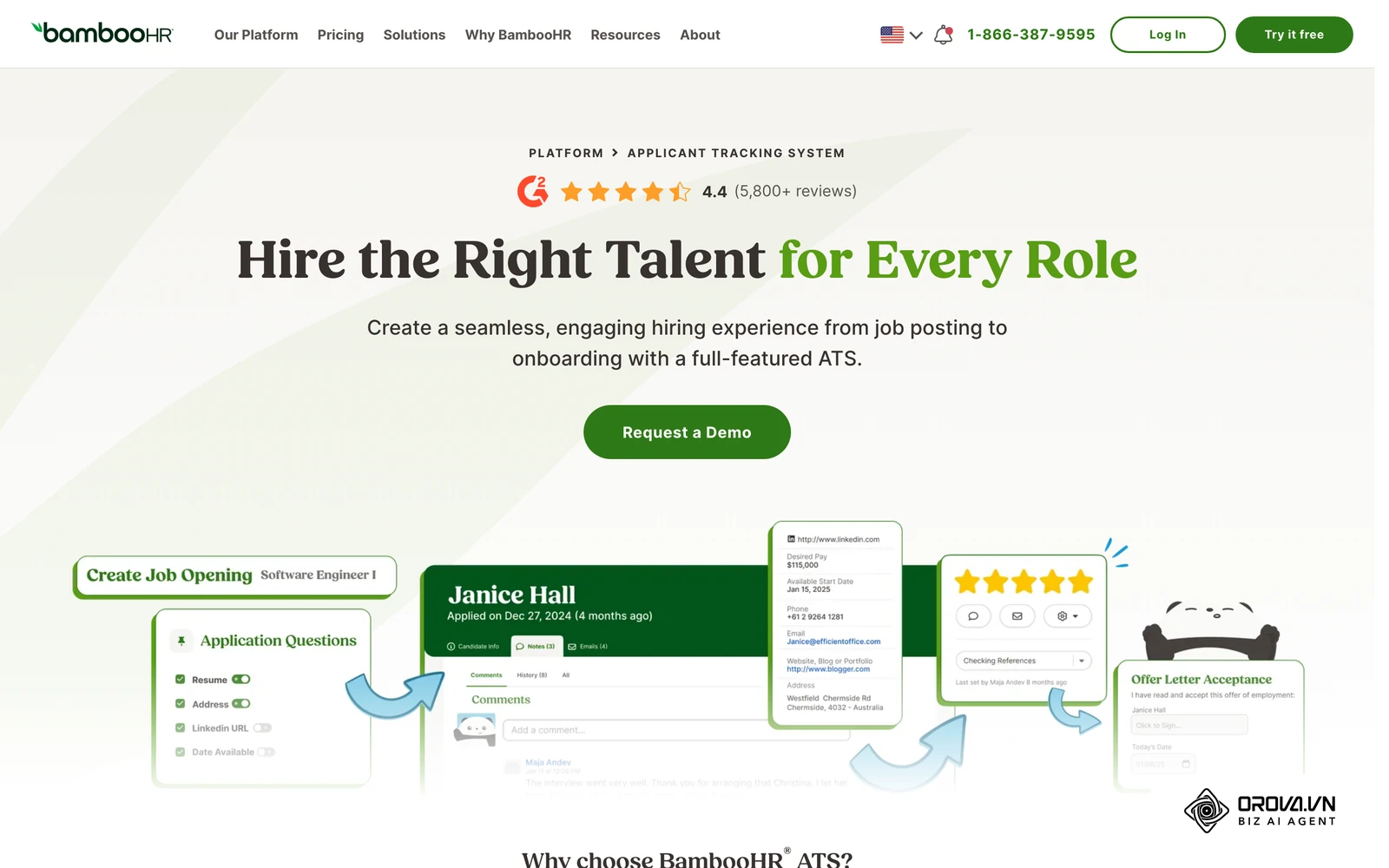 BambooHR's official Applicant Tracking System page, showing a job opening, a candidate profile with comments, ratings, and an offer letter card.