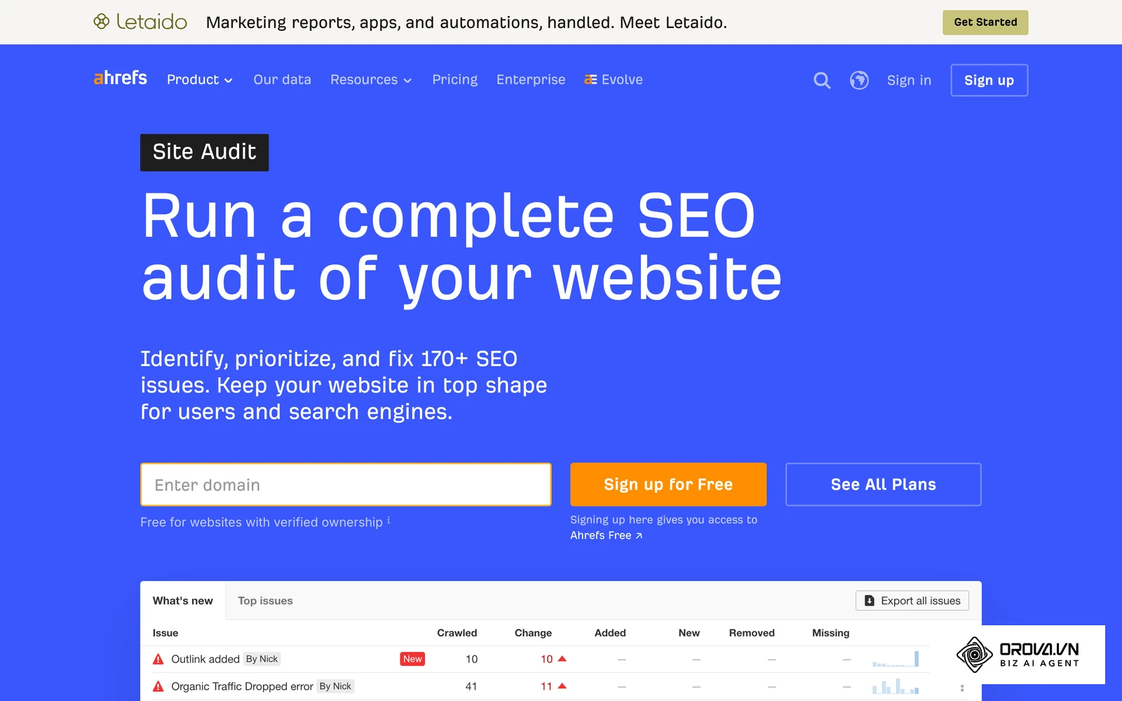 ទំព័រផ្លូវការ Ahrefs Site Audit បង្ហាញប្រអប់បញ្ចូលដែន និងតារាងបញ្ហាបច្ចេកទេស (Top issues) ដែលឧបករណ៍រកឃើញ។