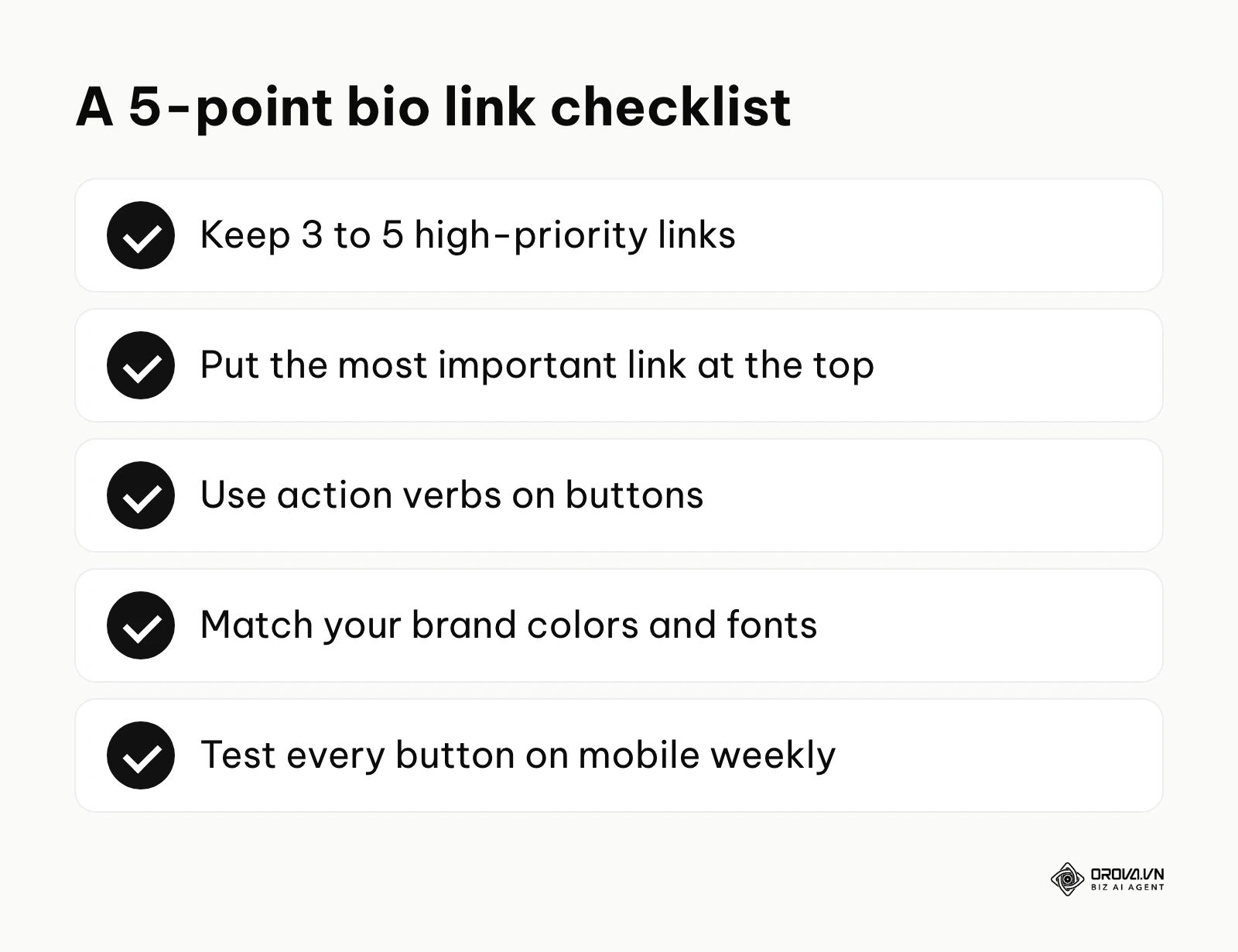 A five-point checklist for improving a link in bio page.