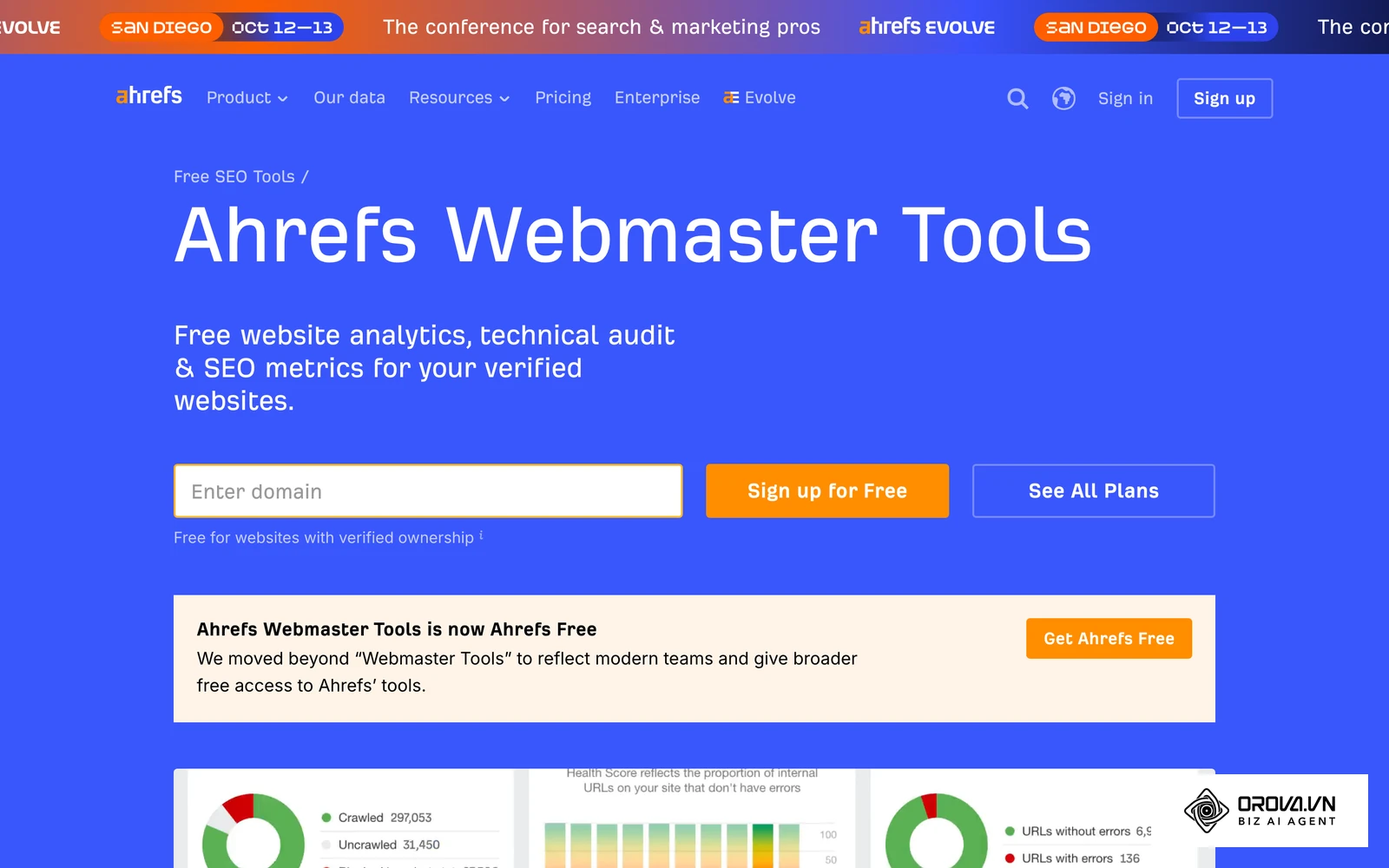 Ahrefs Webmaster Tools 官方頁面,提供網站擁有者免費的技術稽核與反向連結數據。