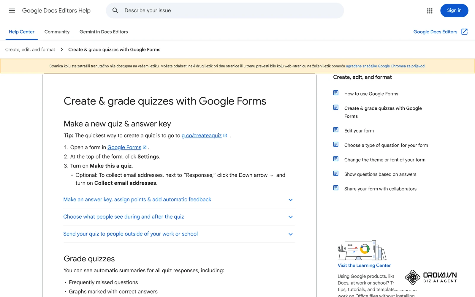 Googleova službena pomoć za izradu i ocjenjivanje kviza u Google Formsu: Make this a quiz, Answer key, Release grades.