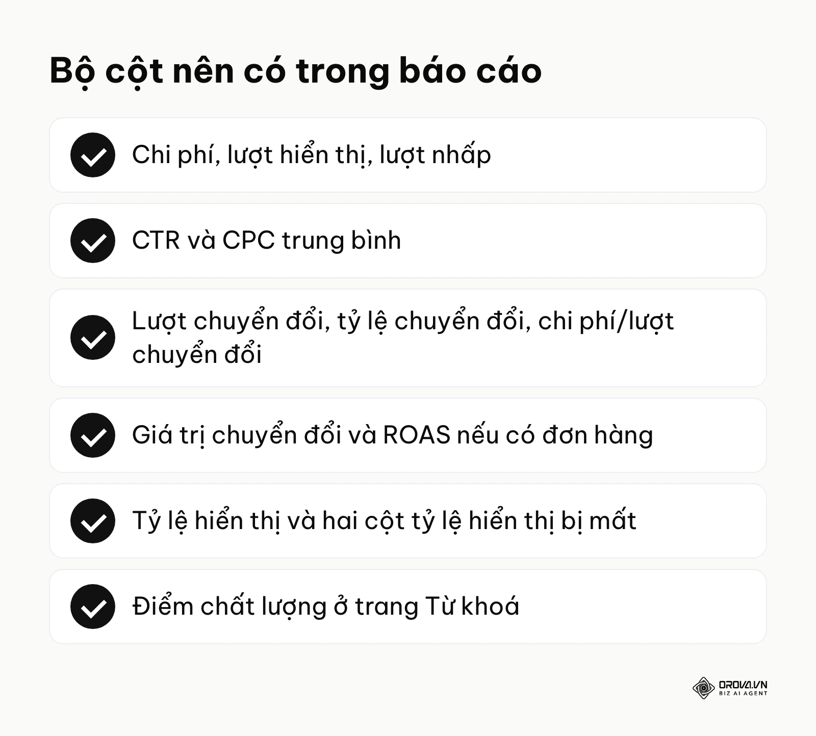 Danh sách bộ cột nên có trong báo cáo Google Ads.