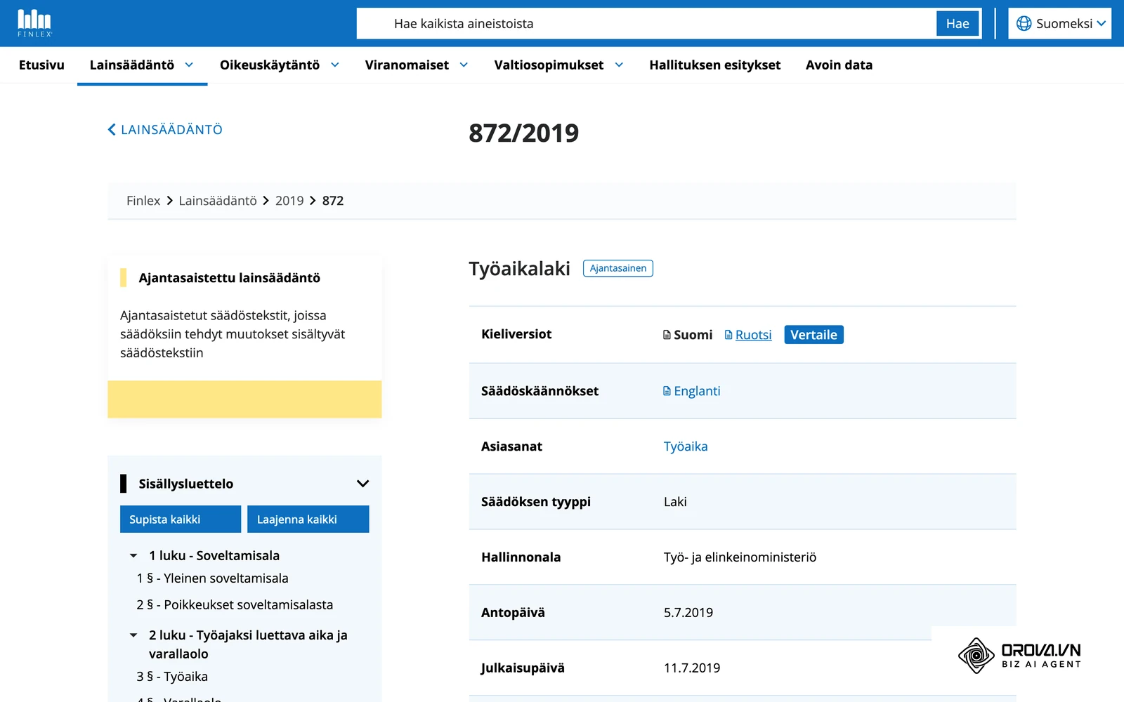 Työaikalaki (872/2019) Finlexissä: säännöllisen työajan, liukuvan työajan ja työaikakirjanpidon säännökset.