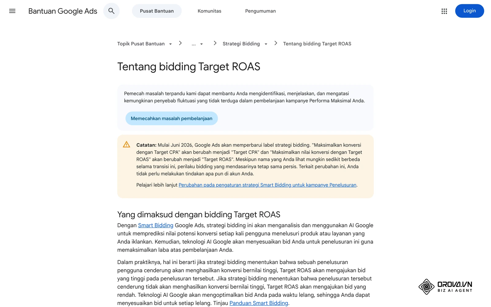 Bantuan Google Ads berbahasa Indonesia: bidding Target ROAS (sebelum Juni 2026 bernama "Maksimalkan nilai konversi dengan Target ROAS").