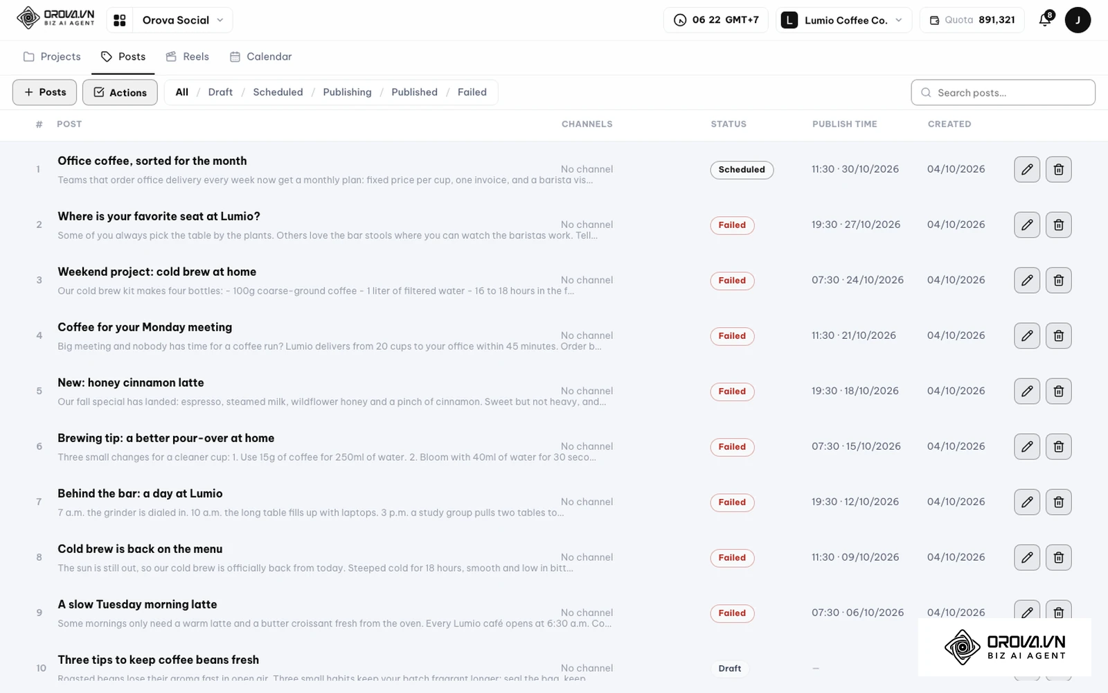Daftar postingan Orova Social dengan filter All, Draft, Scheduled, Publishing, Published, dan Failed beserta waktu terbit