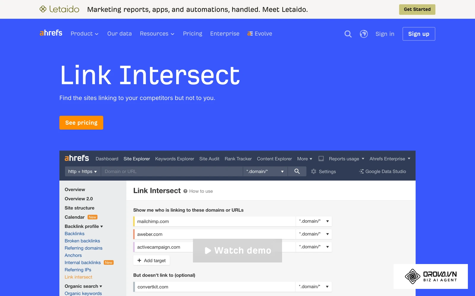 ទំព័រមុខងារ Link Intersect របស់ Ahrefs ដែលបង្ហាញគេហទំព័រភ្ជាប់ទៅកាន់គូប្រជែង ប៉ុន្តែមិនទាន់ភ្ជាប់មកកាន់អ្នក។