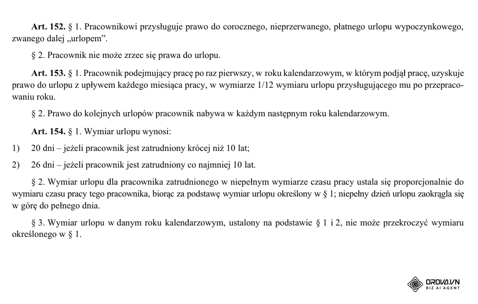 Art. 152–154 Kodeksu pracy w tekście jednolitym Dz.U. 2026 poz. 1245: prawo do urlopu, nabycie prawa i wymiar 20 lub 26 dni