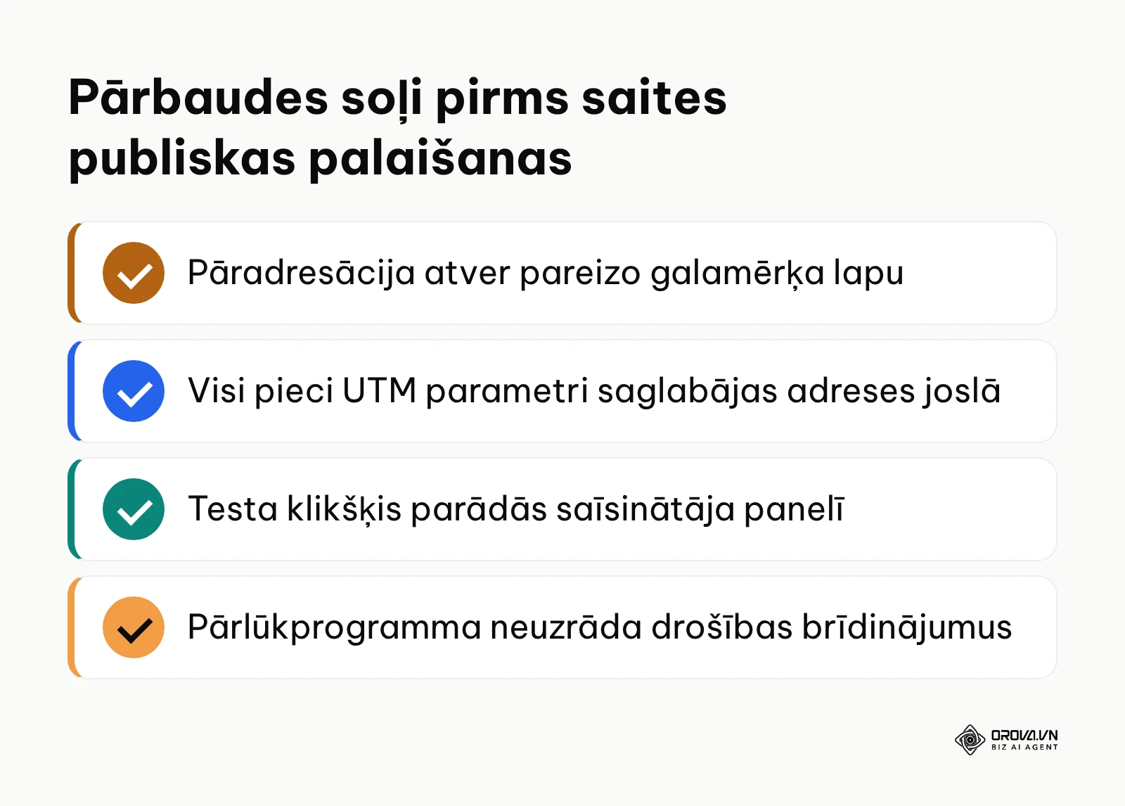 Kontrolsaraksts ar četriem galvenajiem saites tehniskās pārbaudes punktiem