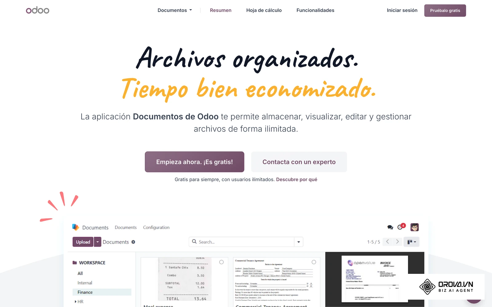 Página oficial de Odoo Documentos con la interfaz para clasificar archivos en carpetas y controlar quién accede a ellos.