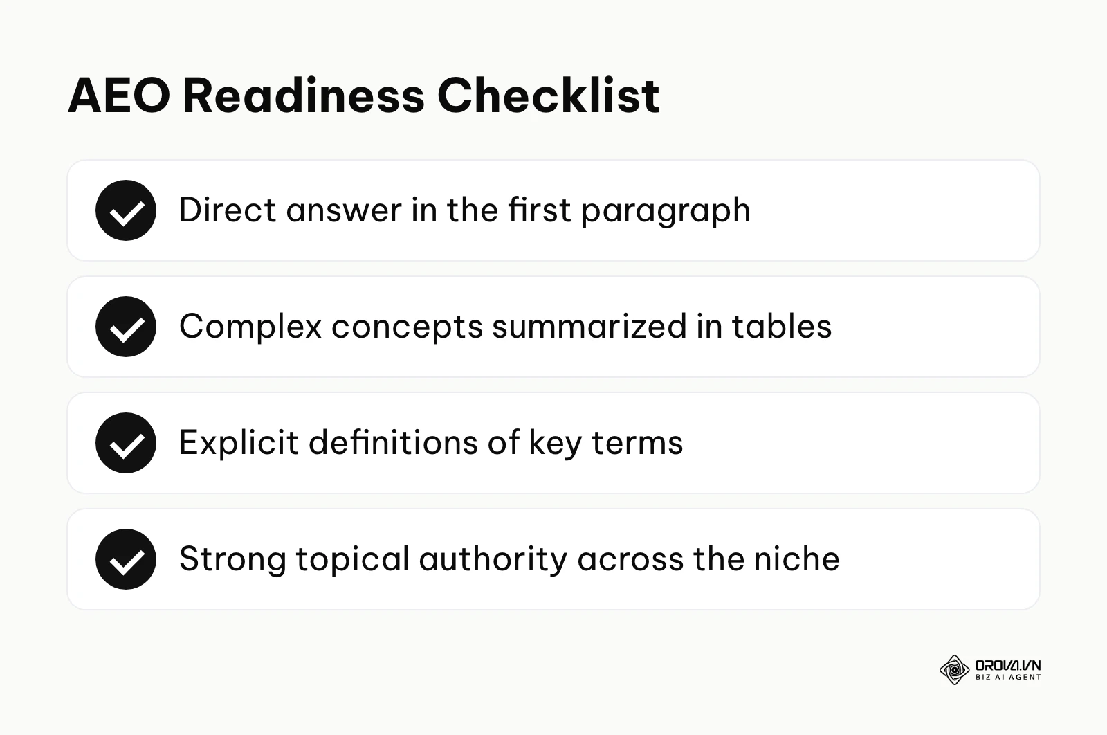 Checklist for answer engine optimization: direct answer first, tables, explicit definitions and topical authority.