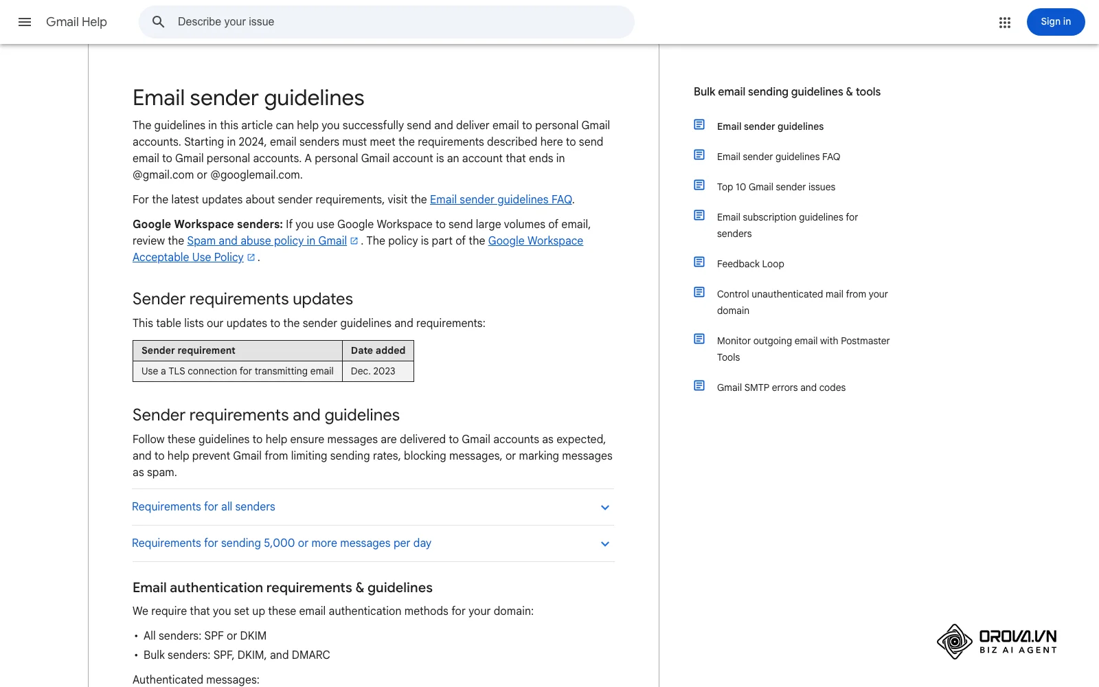 Googles retningslinjer for e-postavsendere (Email sender guidelines) med krav til autentisering, avmelding og spamrate.