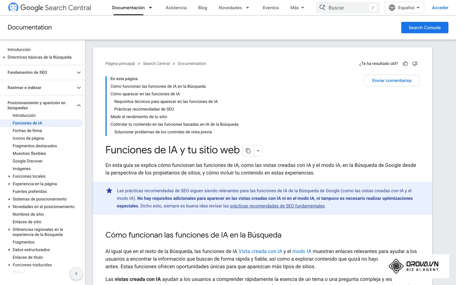 Documentación de Google Search Central sobre las funciones de IA en la Búsqueda y cómo aparecen los sitios.