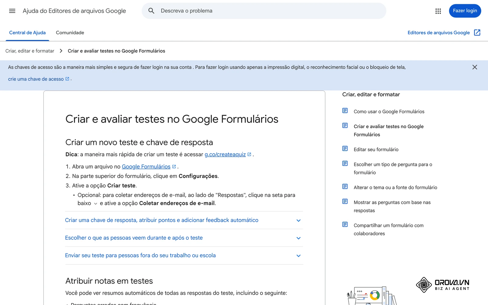 Central de Ajuda do Google Formulários em português: como criar e avaliar testes com chave de resposta e pontos por pergunta.