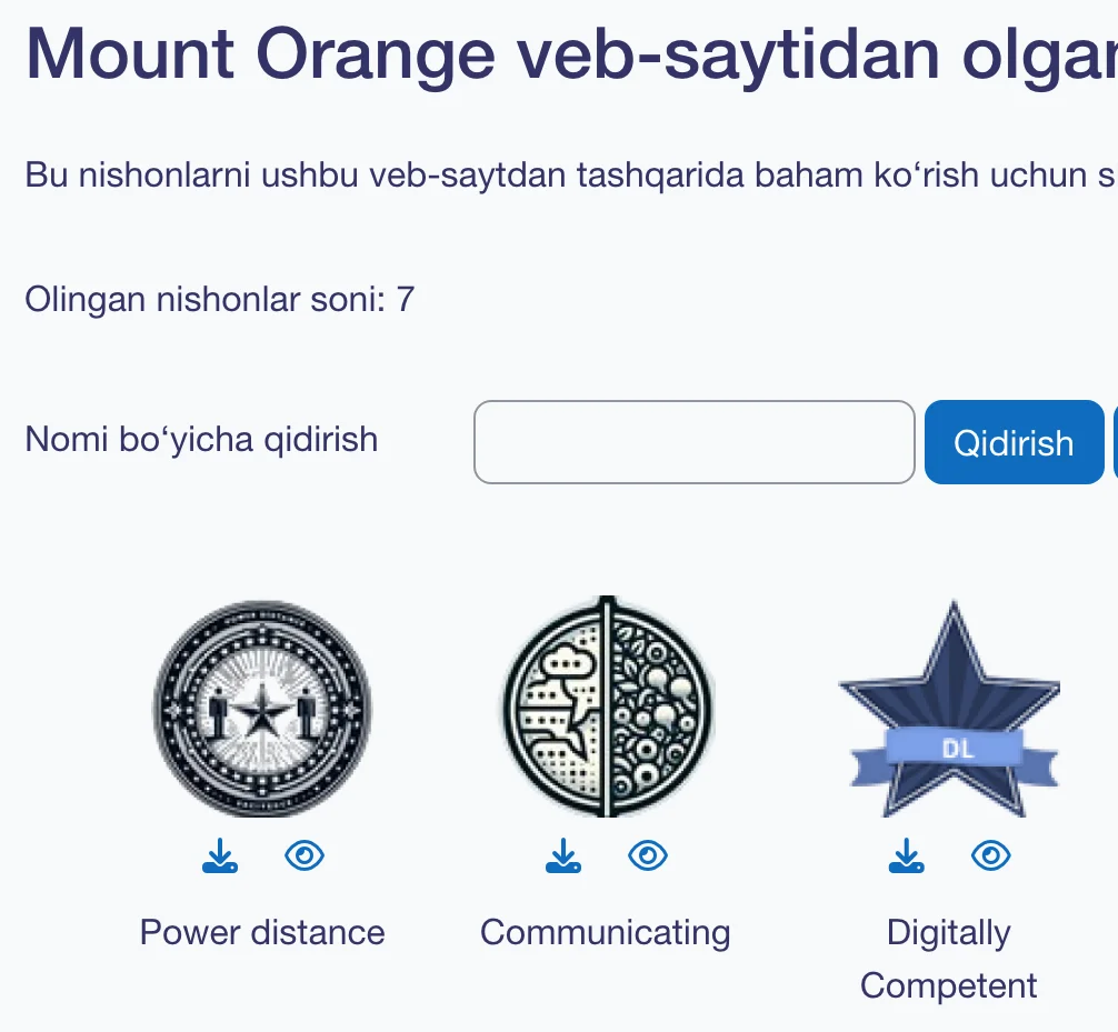 Moodle demo saytida oʻquvchining raqamli nishonlari (badge) sahifasi oʻzbek tilida: har bir nishonni yuklab olish va koʻrish tugmalari bilan.