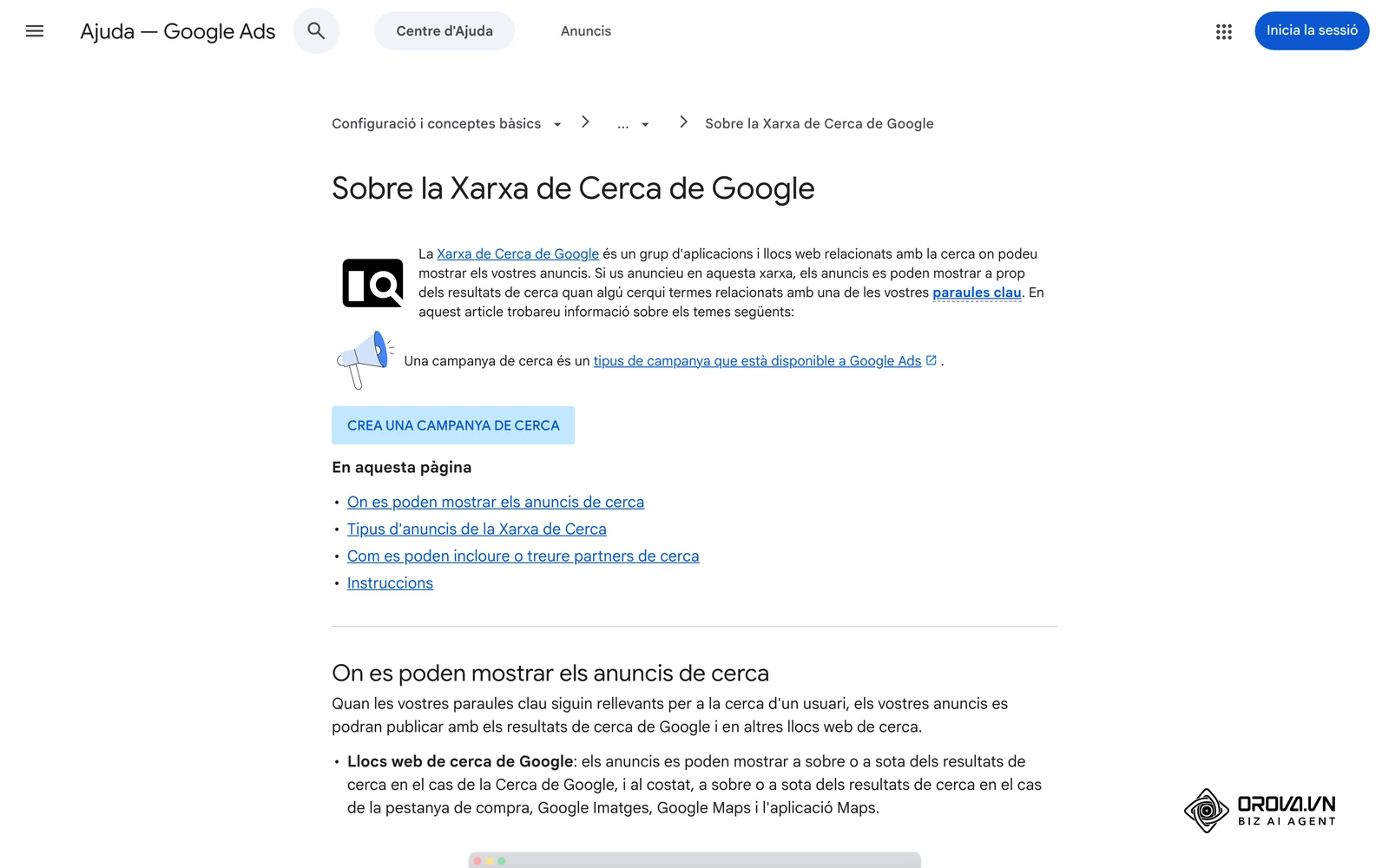 Article del Centre d'ajuda de Google Ads «Sobre la Xarxa de Cerca de Google», on s'explica on es mostren els anuncis de cerca i com treure els partners de cerca.