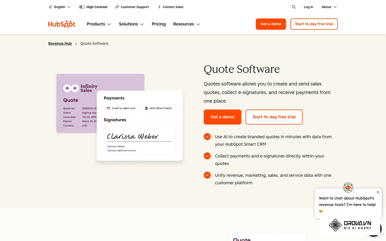 Trang công cụ báo giá của HubSpot: báo giá được tạo từ chính cơ hội bán hàng, kèm điều khoản và chữ ký điện tử để chốt hợp đồng.