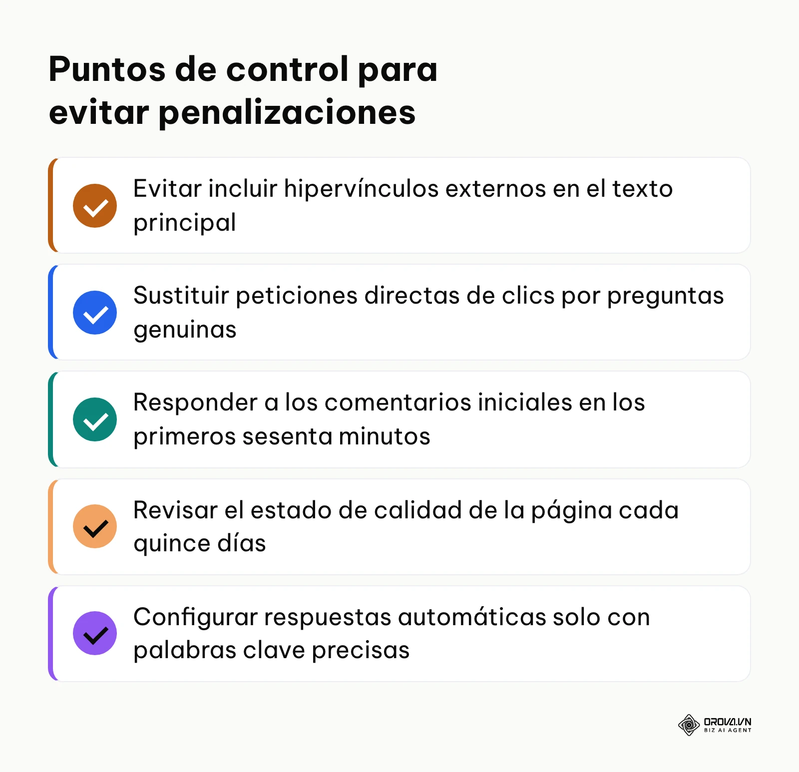 Lista de cinco puntos de verificación para mantener la salud algorítmica de la página y eludir filtros de spam.