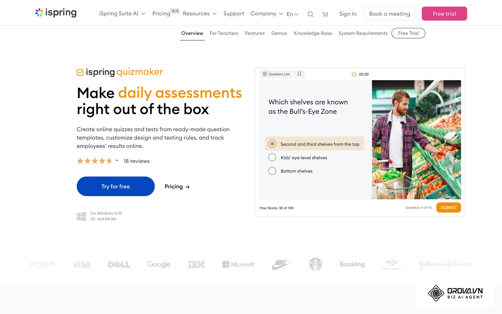 Page officielle d'iSpring QuizMaker montrant l'éditeur de questions de quiz.