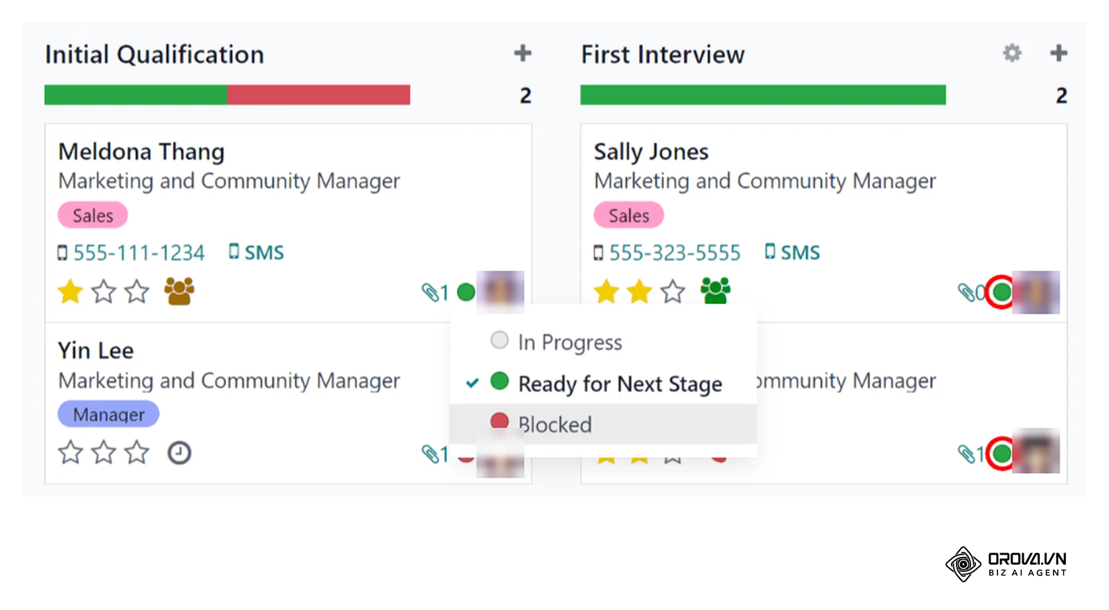 Cartões de candidatos por etapa no Odoo Recrutamento, com estrelas de avaliação e status pronto ou bloqueado (documentação oficial, dados de demonstração).