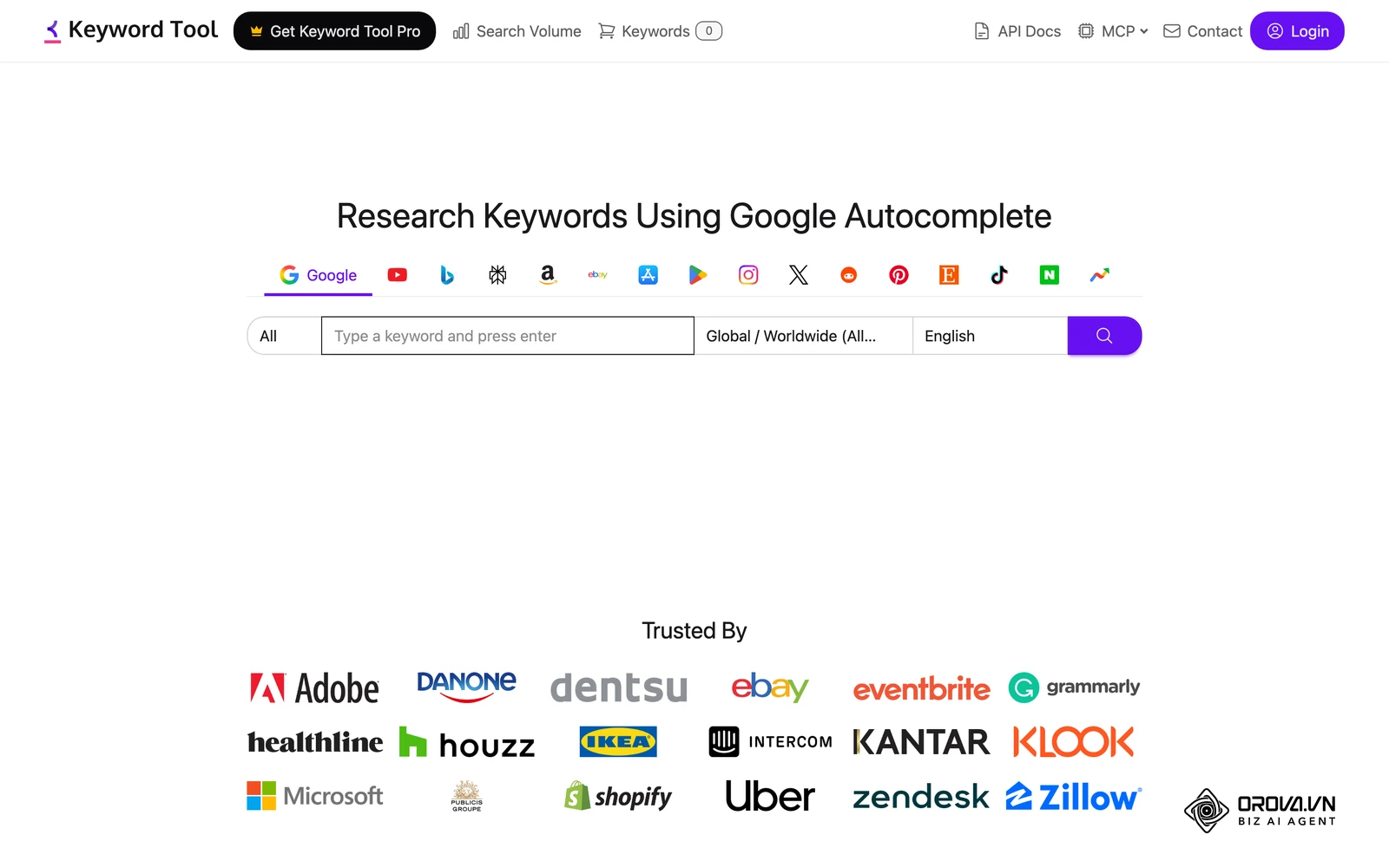 KeywordTool.io: Cào tự động dữ liệu Autocomplete từ Google, YouTube, Amazon, Bing, TikTok và App Store.