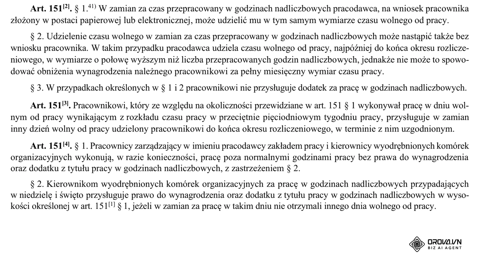 Art. 151²–151⁴ Kodeksu pracy w tekście jednolitym Dz.U. 2026 poz. 1245: czas wolny za nadgodziny, inny dzień wolny za wolną sobotę oraz zasady dla kierowników