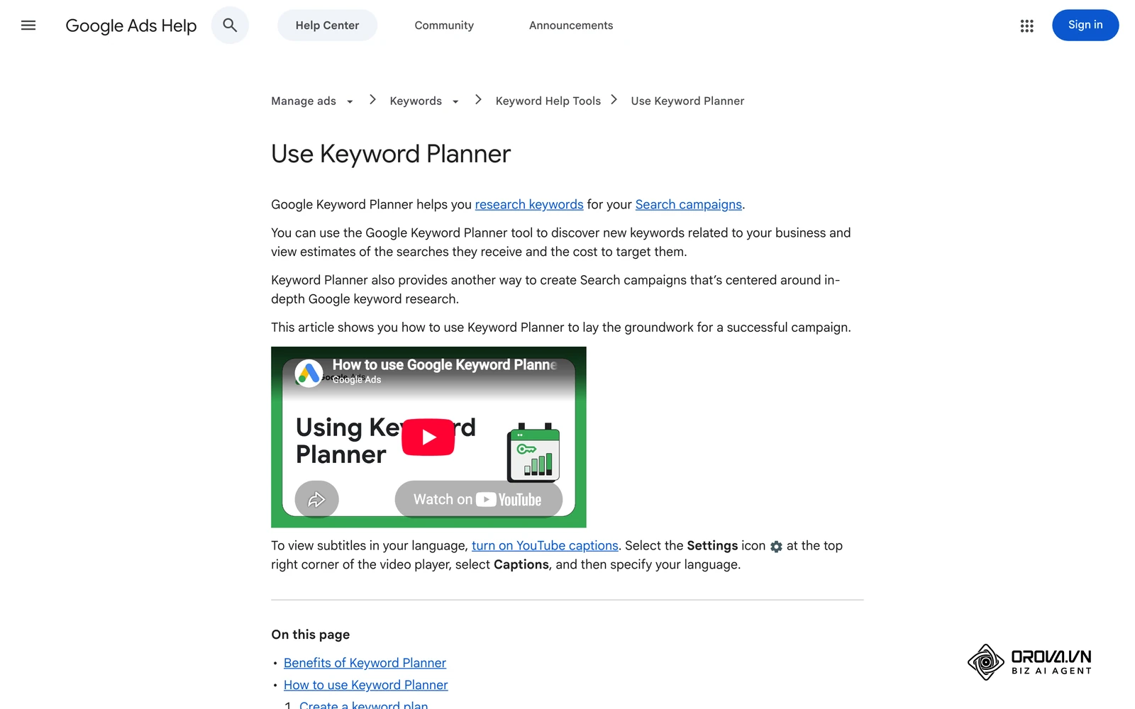 Pàgina oficial del centre d'ajuda de Google Ads sobre com fer servir Keyword Planner, amb les dues opcions: Discover new keywords i Get search volume and forecasts (ajuda en anglès; no hi ha versió en català).