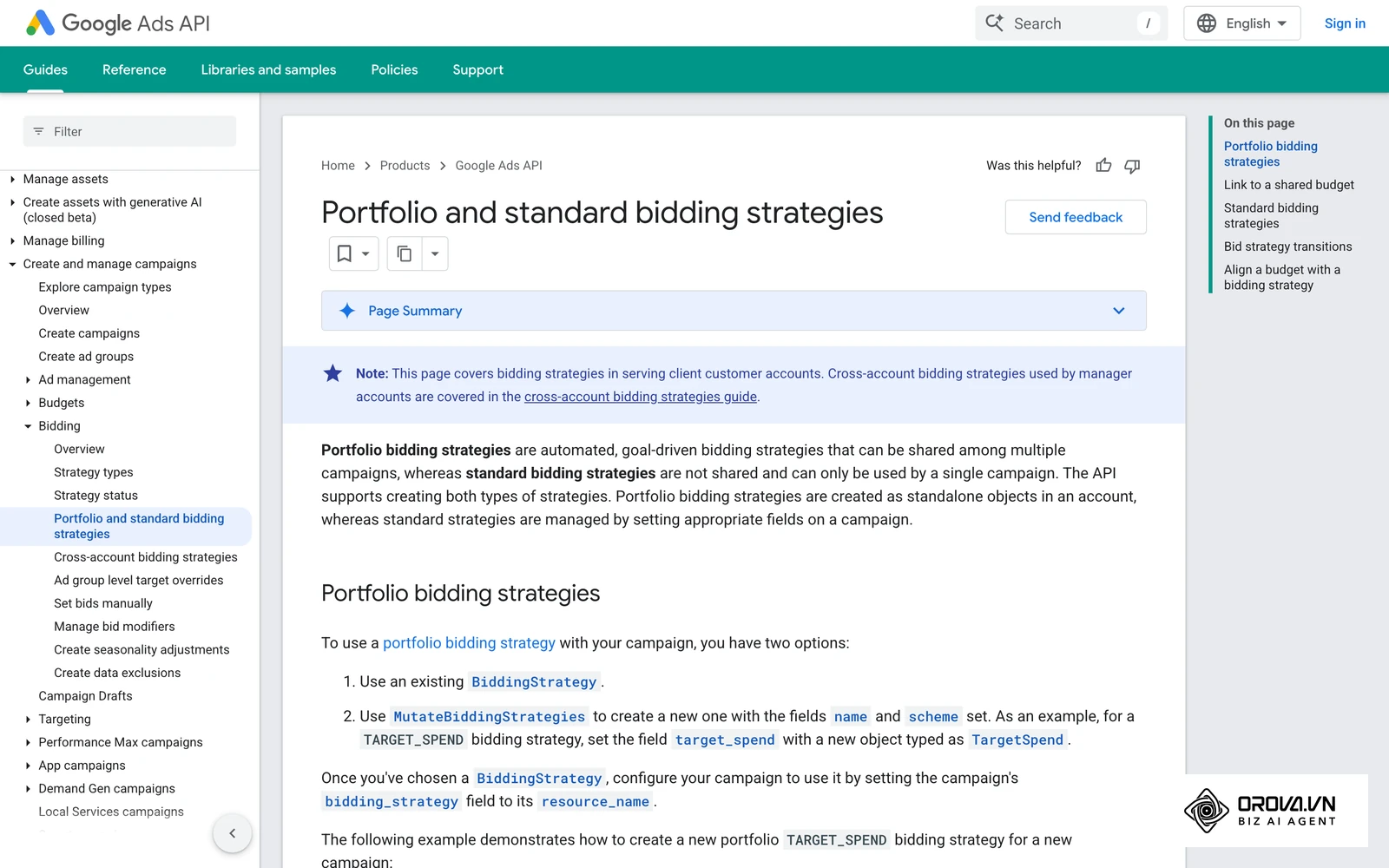 Google Ads API documentation on portfolio and standard bidding strategies.