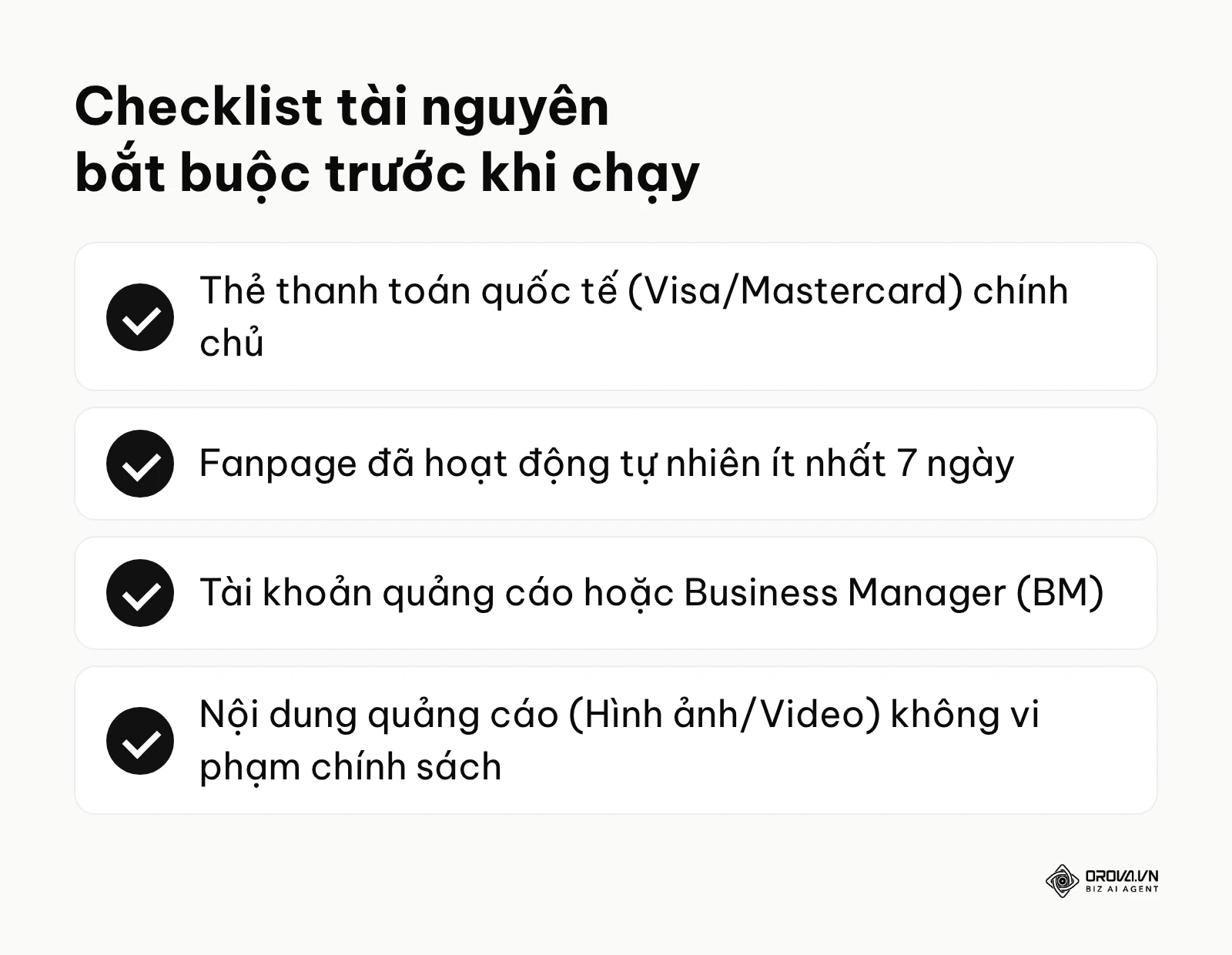 Bảng tóm tắt các tài nguyên bắt buộc cần chuẩn bị trước khi lên chiến dịch quảng cáo Facebook