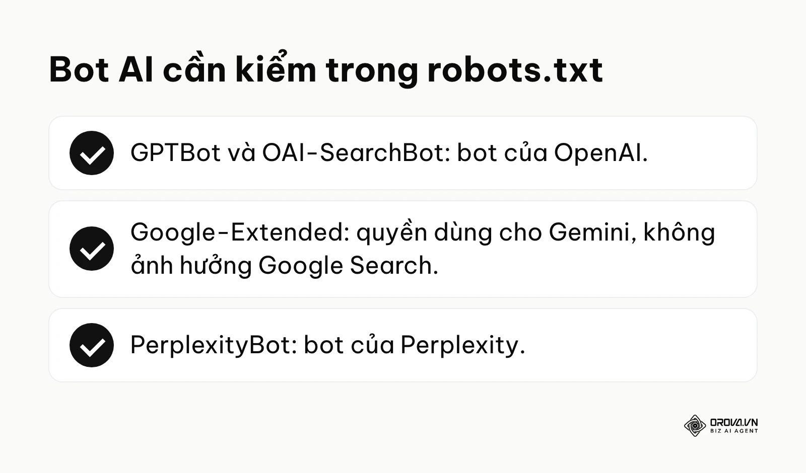 Danh sách user-agent AI cần kiểm trong robots.txt: GPTBot, OAI-SearchBot, Google-Extended và PerplexityBot.