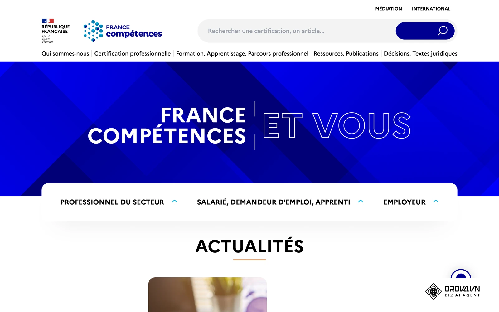 Site de France compétences, l'autorité nationale de financement et de régulation de la formation professionnelle.