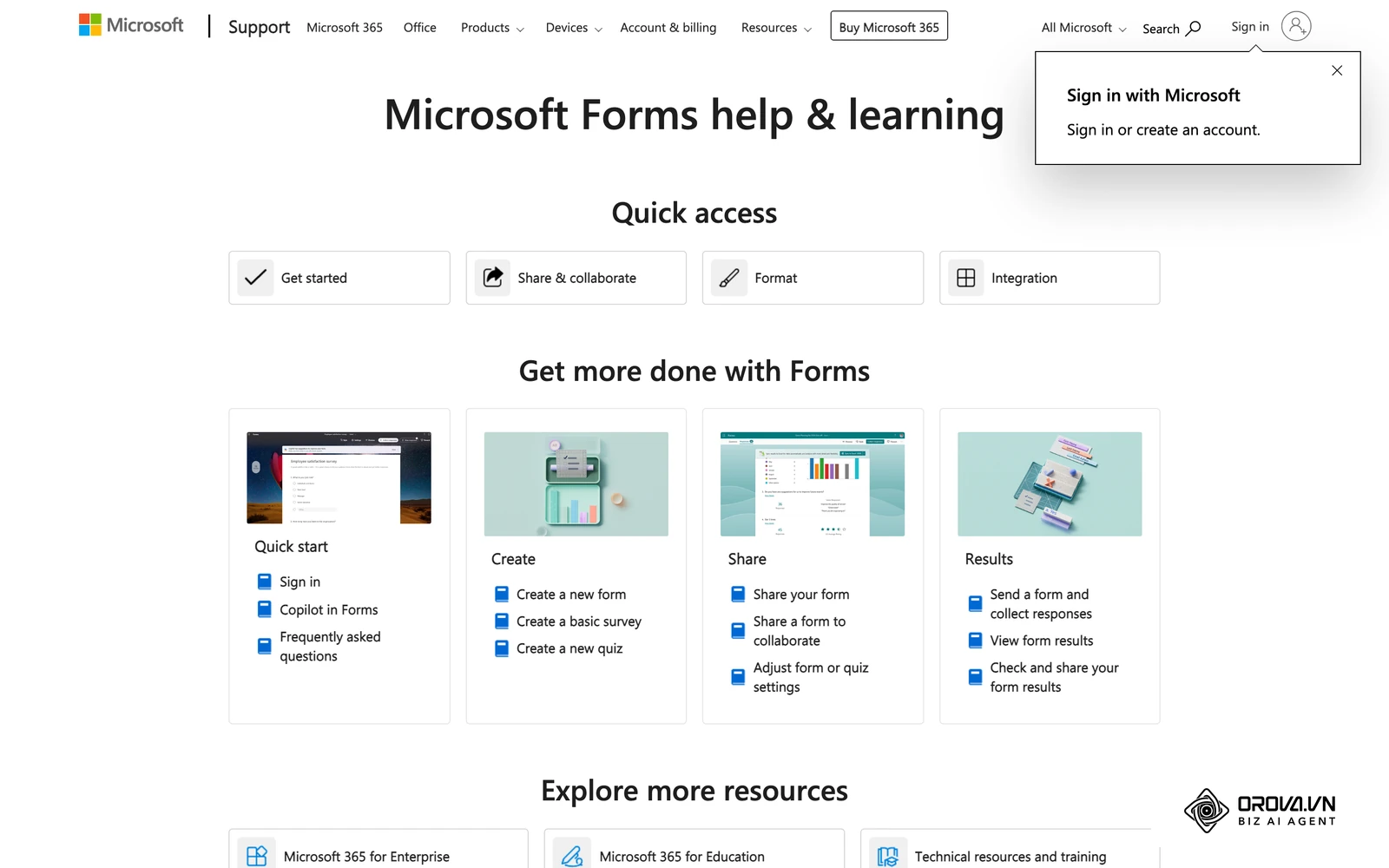 Ảnh chụp trang hỗ trợ Microsoft Forms, một công cụ phổ biến để soạn bài kiểm tra trắc nghiệm từ ngân hàng câu hỏi đã chuẩn bị.