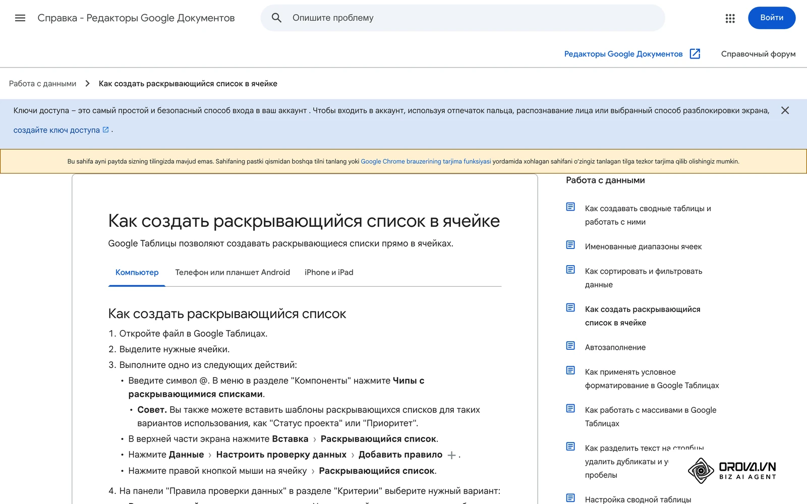 Google Sheets yordam markazi (ruscha sahifa): katakchada ochiluvchi roʻyxat yaratish — Holat ustuni uchun qulay.