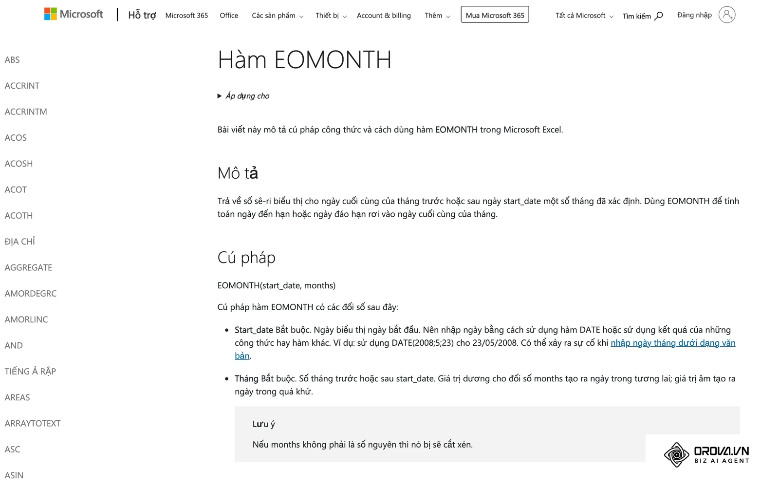 Trang mô tả hàm EOMONTH của Microsoft Support: cú pháp EOMONTH(start_date, months) trả về ngày cuối cùng của tháng.