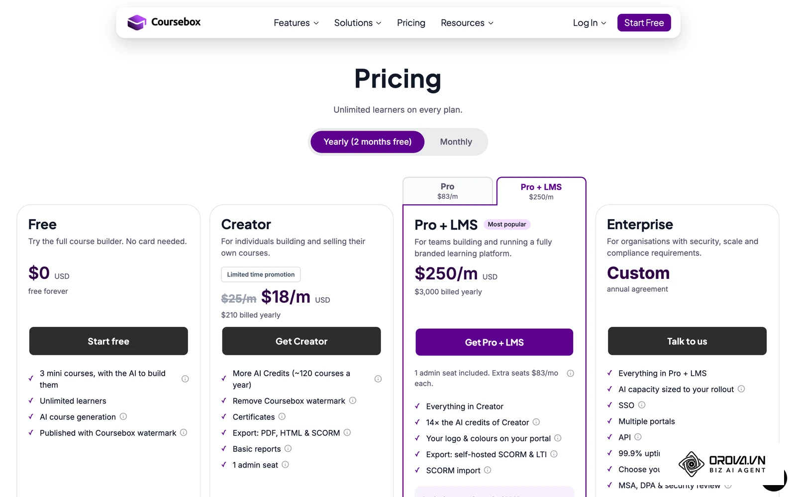 หน้าราคาทางการของ Coursebox (ต.ค. 2026) แสดงแผนฟรีและแผนชำระเงินของเครื่องมือสร้างคอร์สด้วย AI