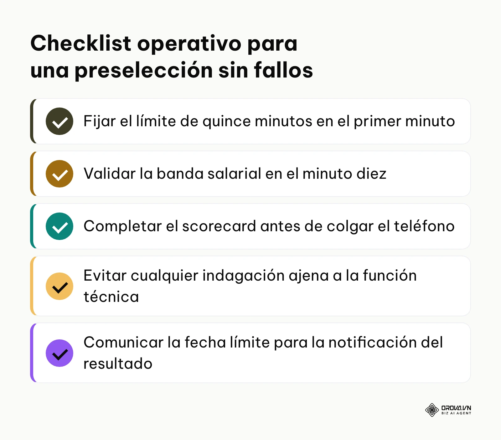 Lista de verificación con cinco puntos de control indispensables para ejecutar una preselección rigurosa.