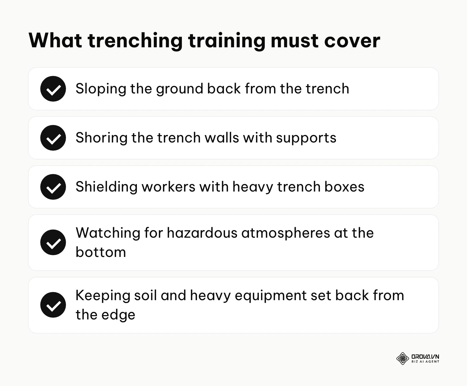 Checklist of trenching safety training points: sloping, shoring, shielding, atmosphere and edge set-back.