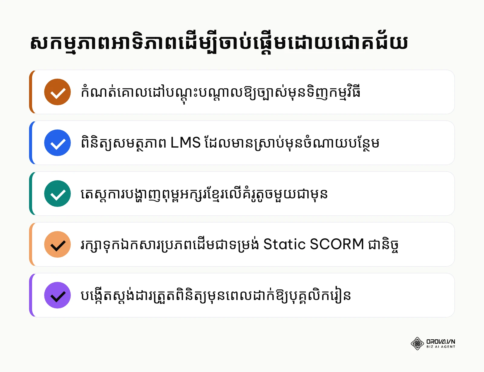 បញ្ជីសង្ខេបជំហានអនុវត្តជាក់ស្តែងដើម្បីចាប់ផ្តើមប្រើប្រាស់ឧបករណ៍បង្កើតមេរៀន