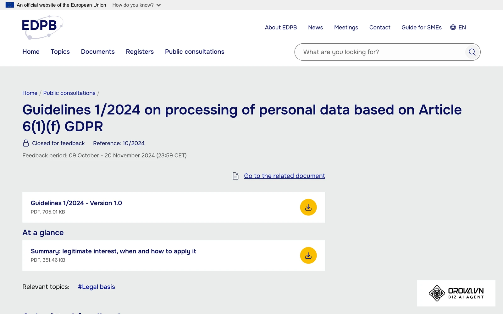 Stran Evropskega odbora za varstvo podatkov (EDPB) s smernicami 1/2024 o obdelavi osebnih podatkov na podlagi zakonitega interesa.