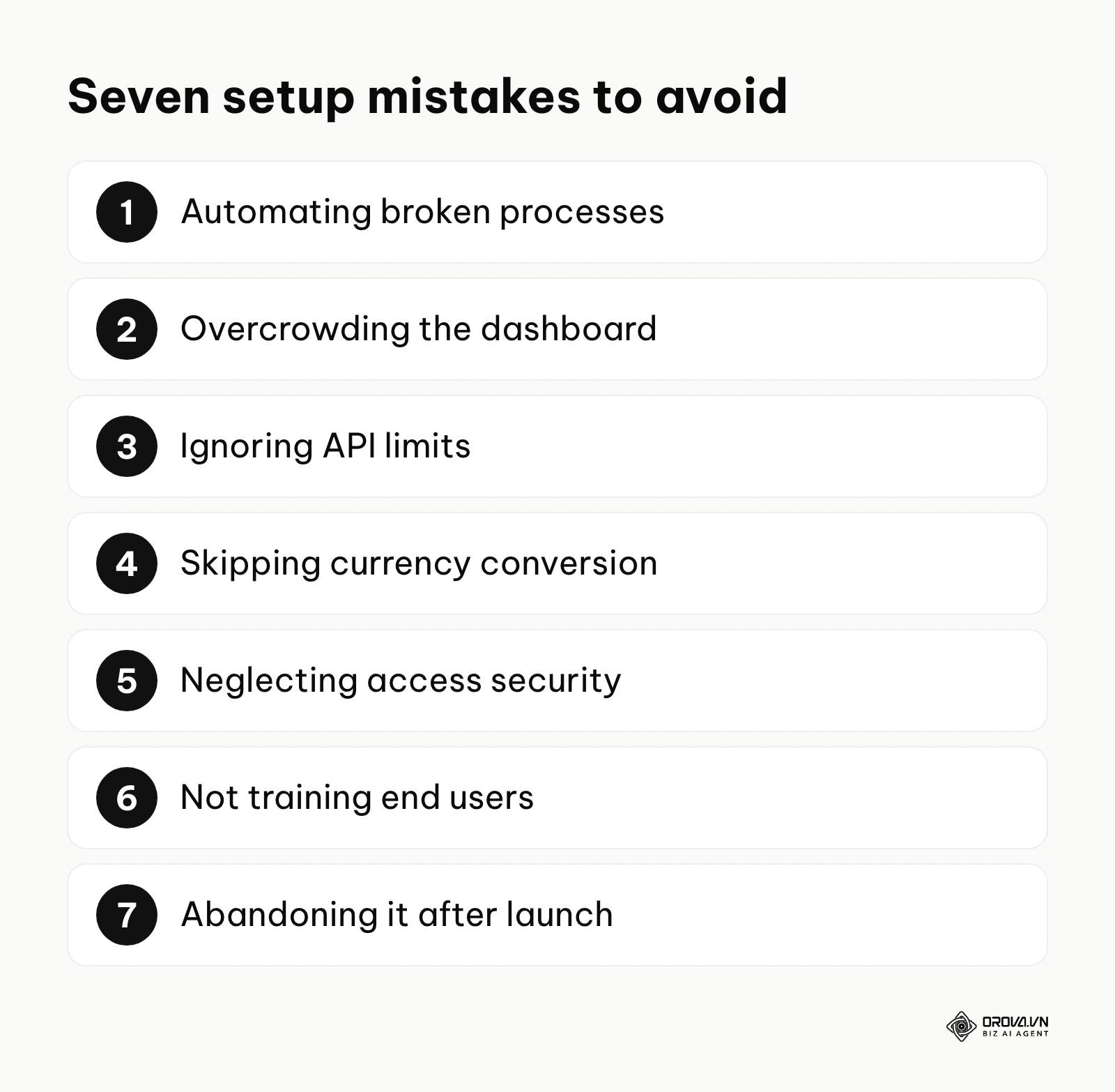A numbered list of seven common mistakes when setting up an automated sales report.