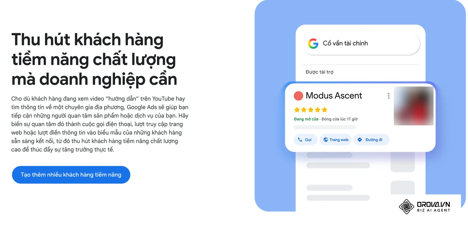 Mẫu quảng cáo địa phương Google công bố: nhãn Được tài trợ, điểm sao, giờ mở cửa và các nút Gọi, Trang web, Đường đi (ảnh chân dung trong mẫu đã làm mờ).