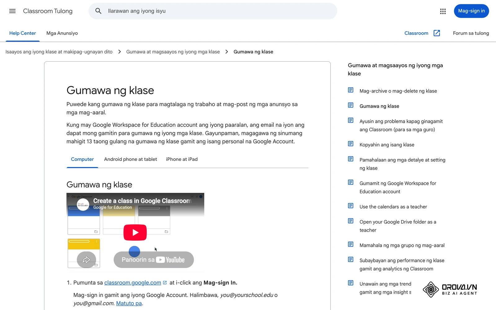 Opisyal na help page ng Google Classroom sa Filipino tungkol sa paggawa ng klase, isang simpleng paraan para mag-organisa ng mga aralin at takdang-gawain ng isang kurso.